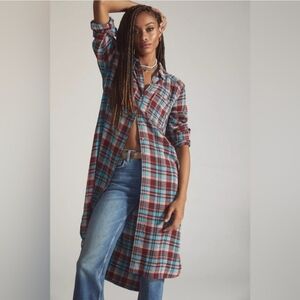 Pilcro Plaid Longline Button-Up Shirt Dress Oversized Boho Tunic Duster, Medium